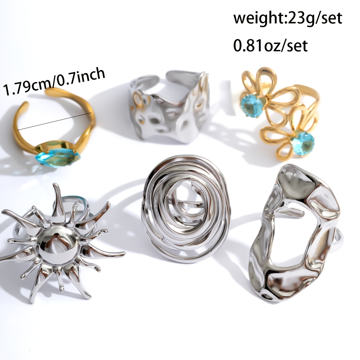 6pcs Bicolor Open Ring Set with Sunflower Design